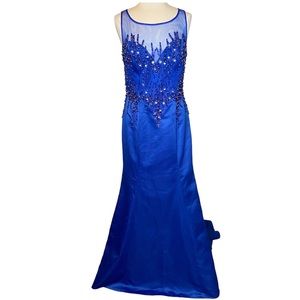 Royal Blue Beaded Silver Rhinestones Sleeveless Formal Dress Train Size 16 Prom